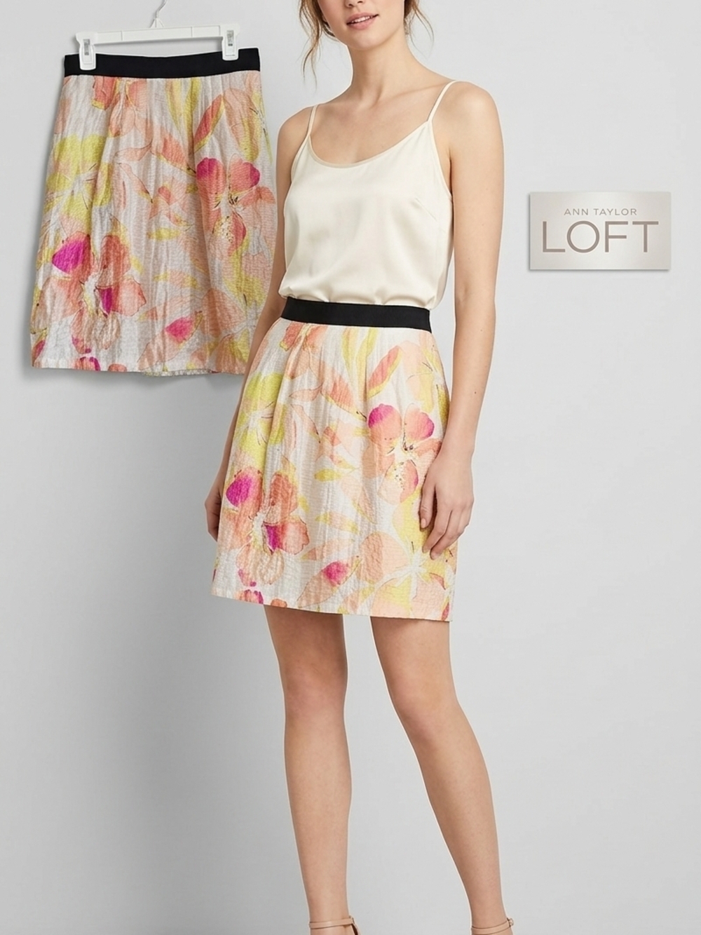LOFT Floral A-Line Skirt in Pink, Yellow & Black Waistband